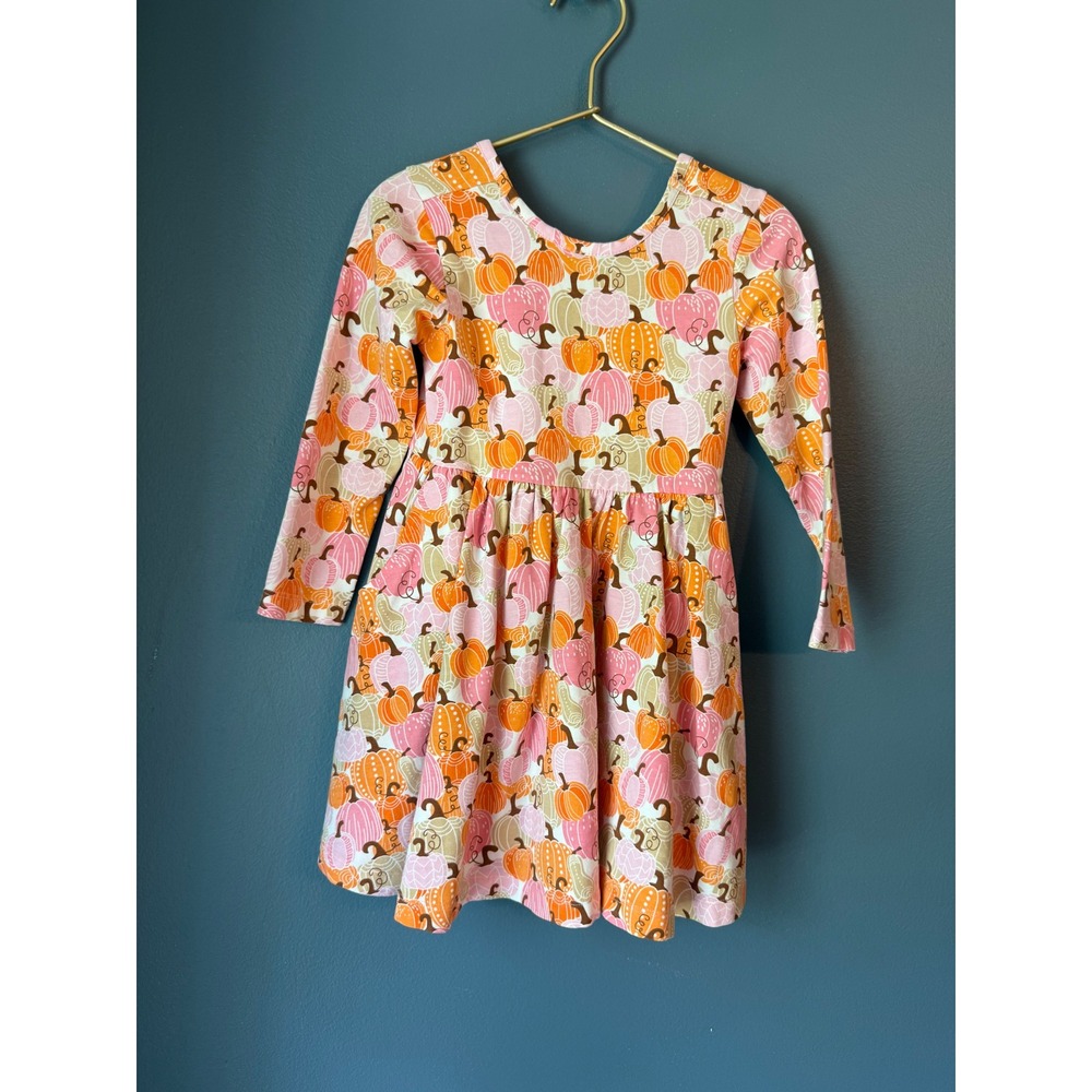RuffleButts Girls Pink Orange Pumpkin Print Long Sleeve Twirl Dress 4T Fall